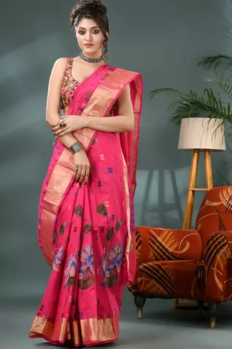 Pink cotton silk handloom floral batik print saree with blouse piece
