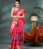 Pink cotton silk handloom floral batik print saree with blouse piece
