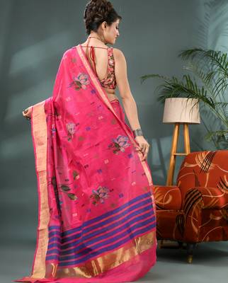 Pink cotton silk handloom floral batik print saree with blouse piece 2