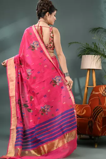 Pink cotton silk handloom floral batik print saree with blouse piece