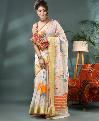 White cotton silk handloom floral batik print saree with blouse piece 4