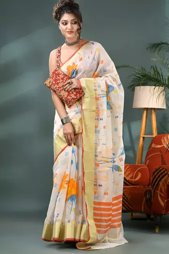 White cotton silk handloom floral batik print saree with blouse piece