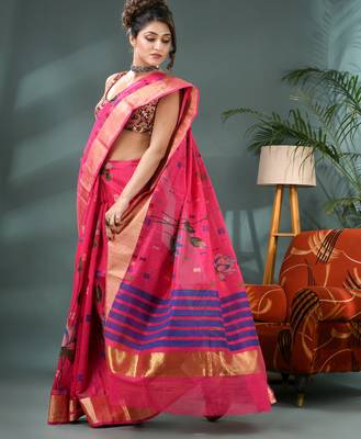 Pink cotton silk handloom floral batik print saree with blouse piece 3
