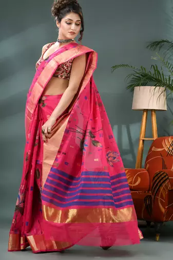Pink cotton silk handloom floral batik print saree with blouse piece