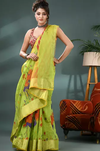 Green cotton silk handloom floral batik print saree with blouse piece