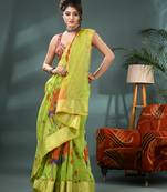 Green cotton silk handloom floral batik print saree with blouse piece