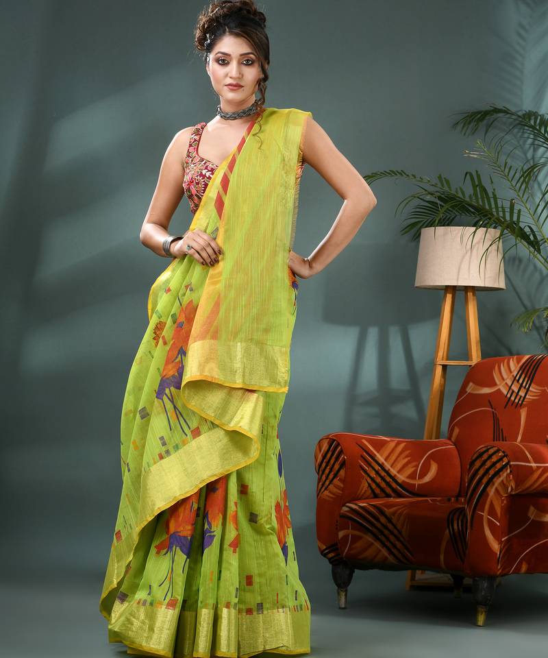Green cotton silk handloom floral batik print saree with blouse piece