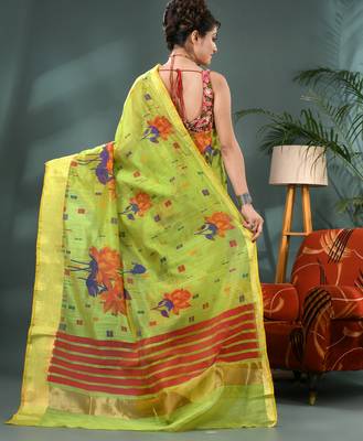 Green cotton silk handloom floral batik print saree with blouse piece 2