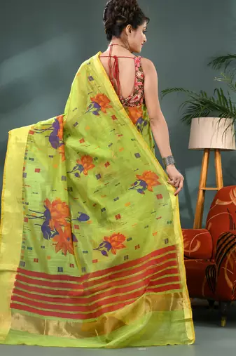 Green cotton silk handloom floral batik print saree with blouse piece