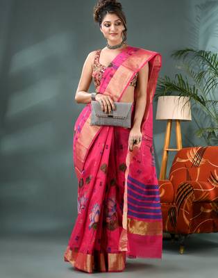 Pink cotton silk handloom floral batik print saree with blouse piece 4