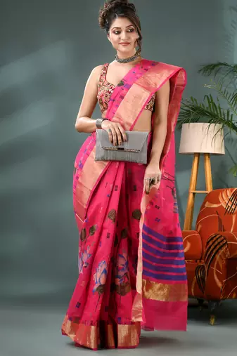 Pink cotton silk handloom floral batik print saree with blouse piece