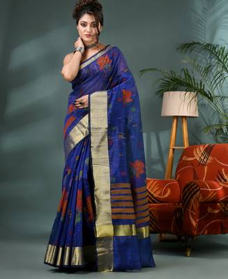 Blue cotton silk handloom floral batik print saree with blouse piece 1