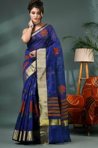 Blue cotton silk handloom floral batik print saree with blouse piece