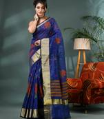 Blue cotton silk handloom floral batik print saree with blouse piece