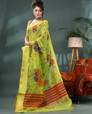 Green cotton silk handloom floral batik print saree with blouse piece 3