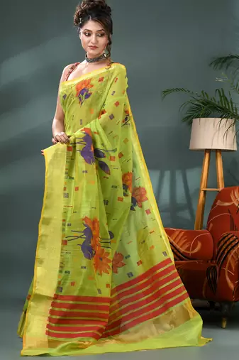 Green cotton silk handloom floral batik print saree with blouse piece