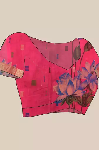 Pink cotton silk handloom floral batik print saree with blouse piece
