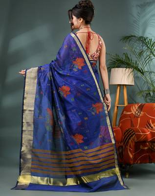 Blue cotton silk handloom floral batik print saree with blouse piece 2