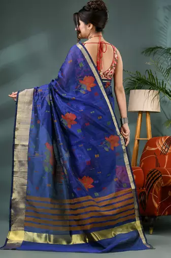 Blue cotton silk handloom floral batik print saree with blouse piece