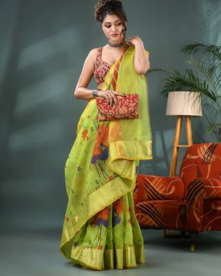 Green cotton silk handloom floral batik print saree with blouse piece 4
