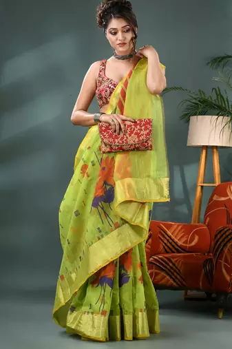 Green cotton silk handloom floral batik print saree with blouse piece