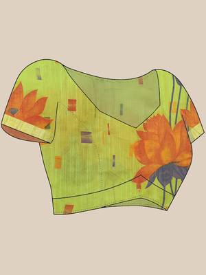 Green cotton silk handloom floral batik print saree with blouse piece 5