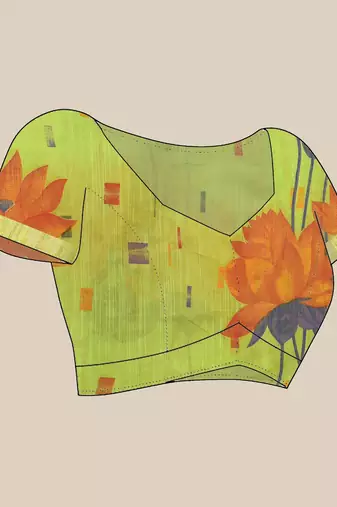 Green cotton silk handloom floral batik print saree with blouse piece