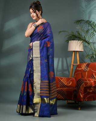 Blue cotton silk handloom floral batik print saree with blouse piece 3