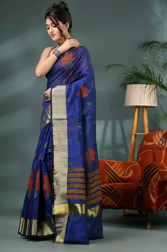 Blue cotton silk handloom floral batik print saree with blouse piece