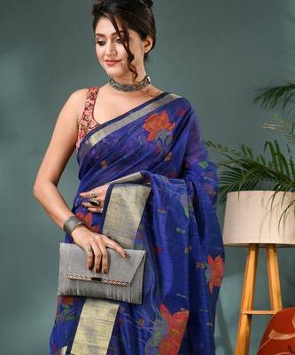 Blue cotton silk handloom floral batik print saree with blouse piece 4