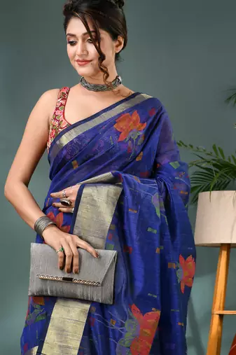 Blue cotton silk handloom floral batik print saree with blouse piece