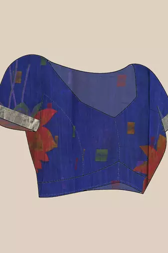 Blue cotton silk handloom floral batik print saree with blouse piece