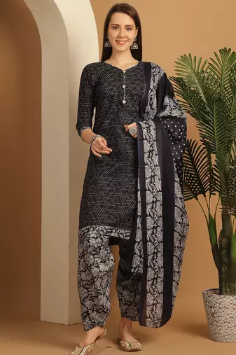 Rajnandini blue cotton blend printed ready to wear patiala salwar suit