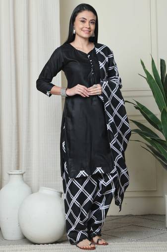 Rajnandini black cotton blend printed ready to wear patiala salwar suit