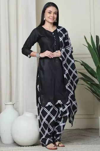 Rajnandini black cotton blend printed ready to wear patiala salwar suit