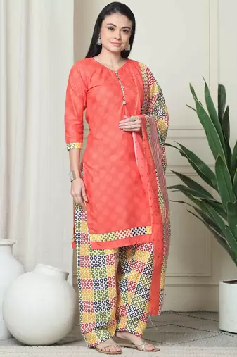 Rajnandini peach cotton blend printed ready to wear patiala salwar suit