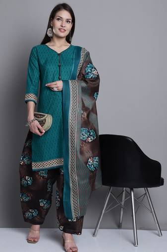 Rajnandini green cotton blend printed ready to wear patiala salwar suit