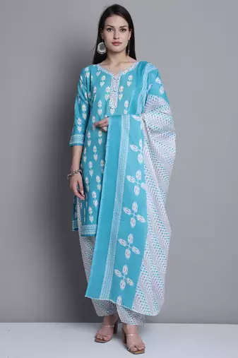 Rajnandini teal cotton blend printed ready to wear patiala salwar suit