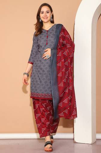 Rajnandini grey cotton blend printed ready to wear patiala salwar suit