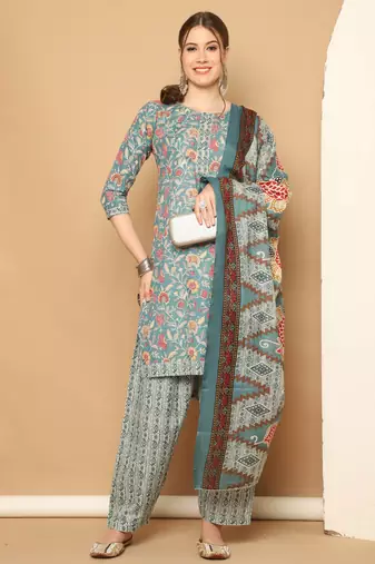 Rajnandini sea green cotton blend printed ready to wear patiala salwar suit