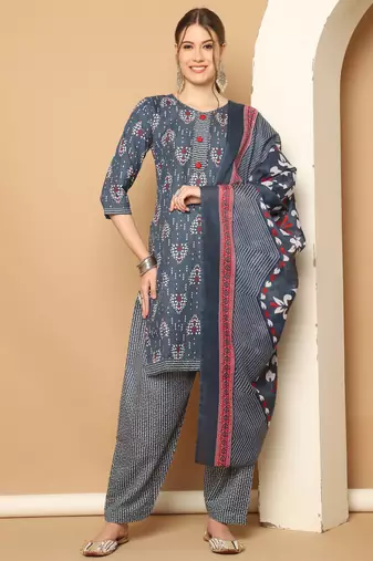 Rajnandini grey & white cotton blend printed ready to wear patiala salwar suit