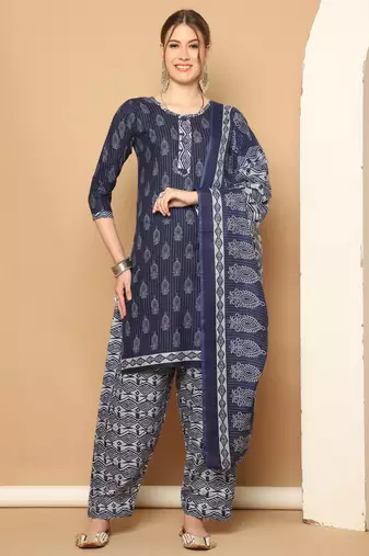 Rajnandini navy blue & grey cotton blend printed ready to wear patiala salwar suit