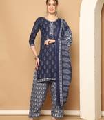 navy blue & grey cotton blend printed ready to wear patiala salwar suit