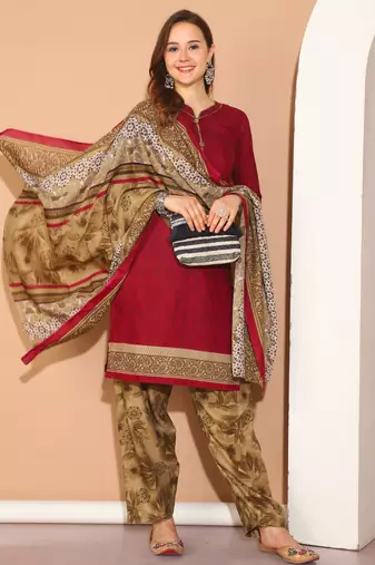 Rajnandini wine cotton blend printed ready to wear patiala salwar suit