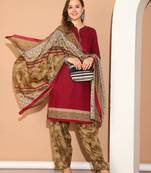 wine cotton blend printed ready to wear patiala salwar suit