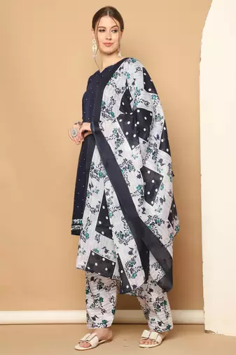 Rajnandini navy blue  cotton blend printed ready to wear patiala salwar suit