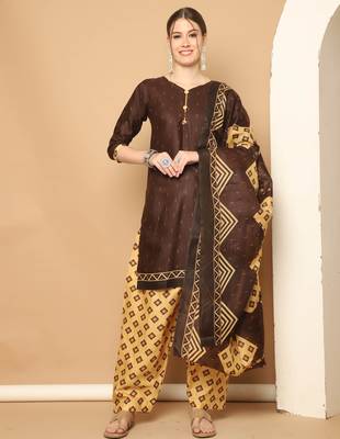 brown cotton blend printed ready to wear patiala salwar suit 1