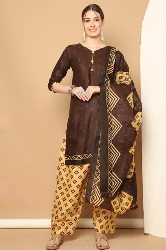 Rajnandini brown cotton blend printed ready to wear patiala salwar suit