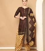 brown cotton blend printed ready to wear patiala salwar suit