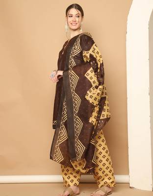 brown cotton blend printed ready to wear patiala salwar suit 3
